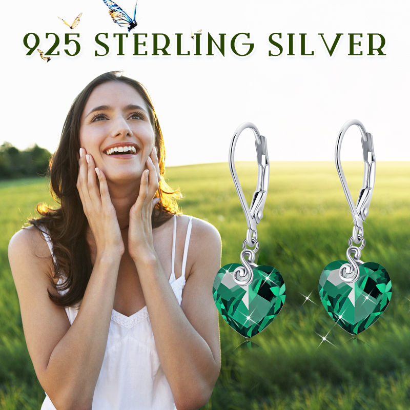 Sterling Silver Green Crystal Heart Lever-back Earrings for Women-6