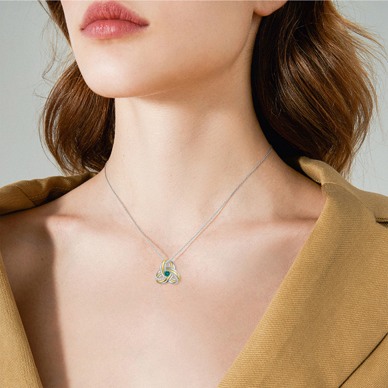 Sterling Silver Two-tone Green Cubic Zirconia Celtic Knot Necklace for Women Men-2