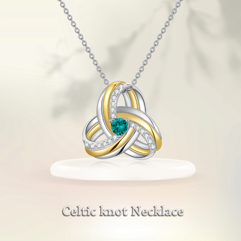 Sterling Silver Two-tone Green Cubic Zirconia Celtic Knot Necklace for Women Men-6