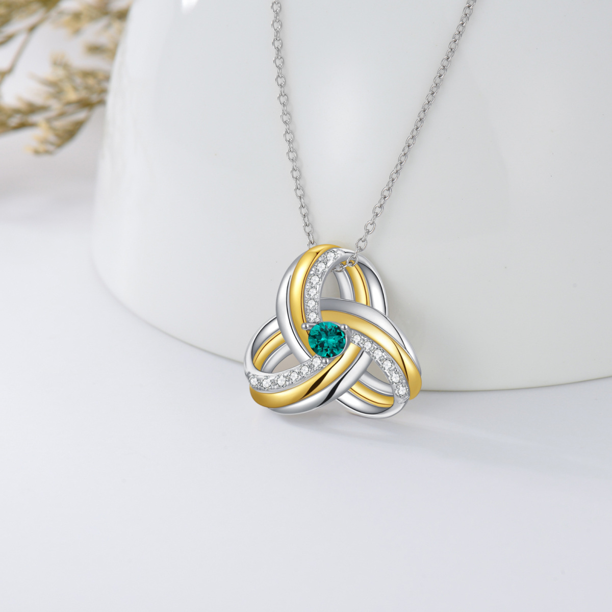 Sterling Silver Two-tone Green Cubic Zirconia Celtic Knot Necklace for Women Men-3