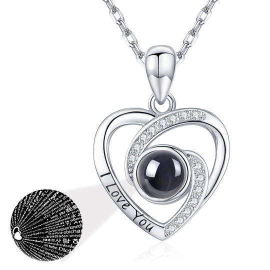 Collier avec pendentif en forme de cœur en argent sterling avec projection de pierres et inscription « I Love You »