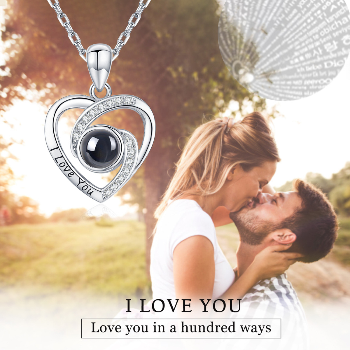 Sterling Silver I Love You Languages Projection Stone Heart Pendant Necklace-6