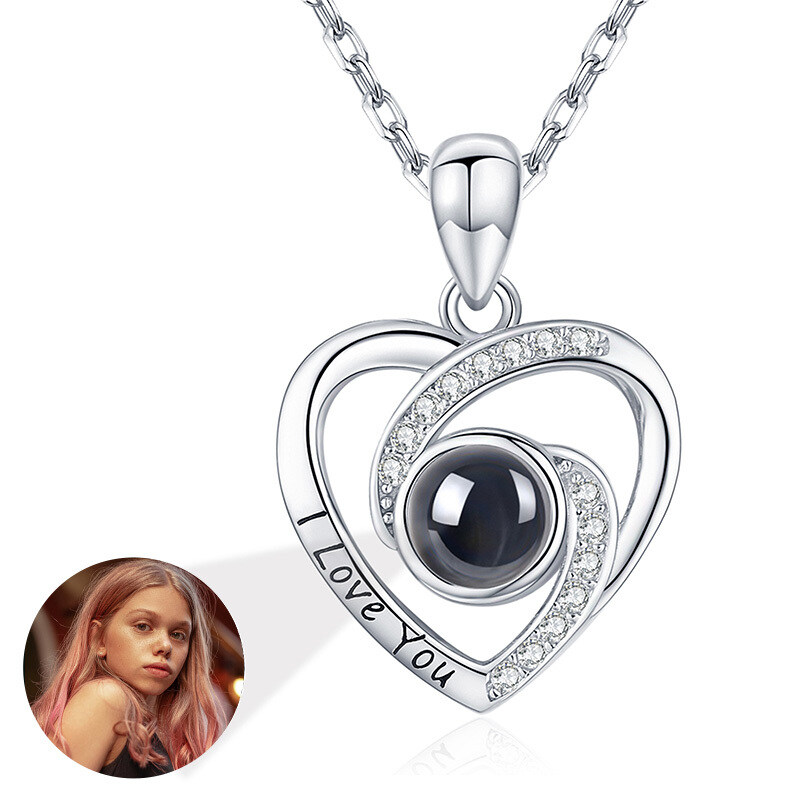 Sterling Silver Personalized Projection & Heart Pendant Necklace-2