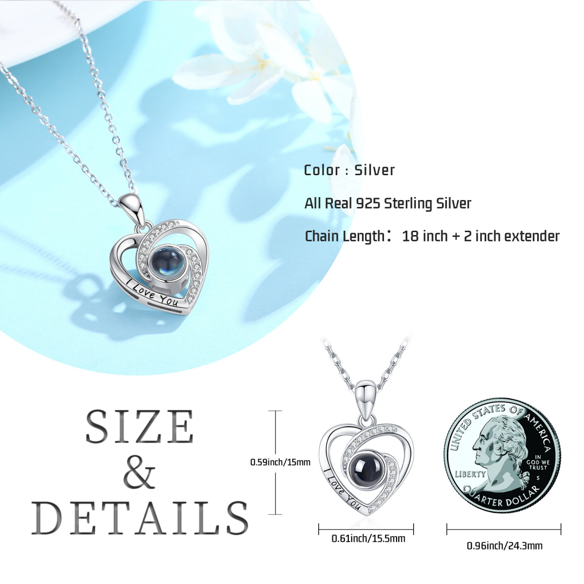 Sterling Silver Personalized Projection & Heart Pendant Necklace-7