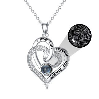 Sterling Silver Projection Stone Heart With Heart Pendant Necklace with Engraved Word-34