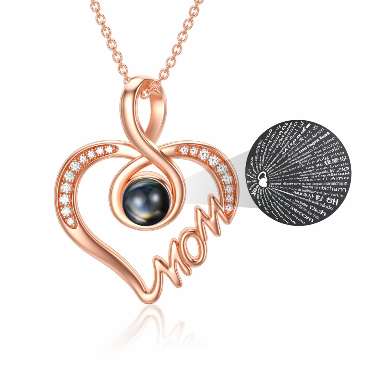 Sterling Silver with Rose Gold Plated I Love You Mom Languages Projection Heart Necklace-1