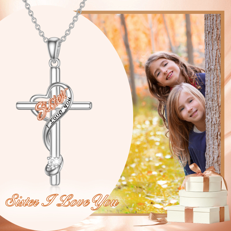 I LOVE YOU Sterling Silver Cross Pendant Necklace as Birthday Gift for Sister-3