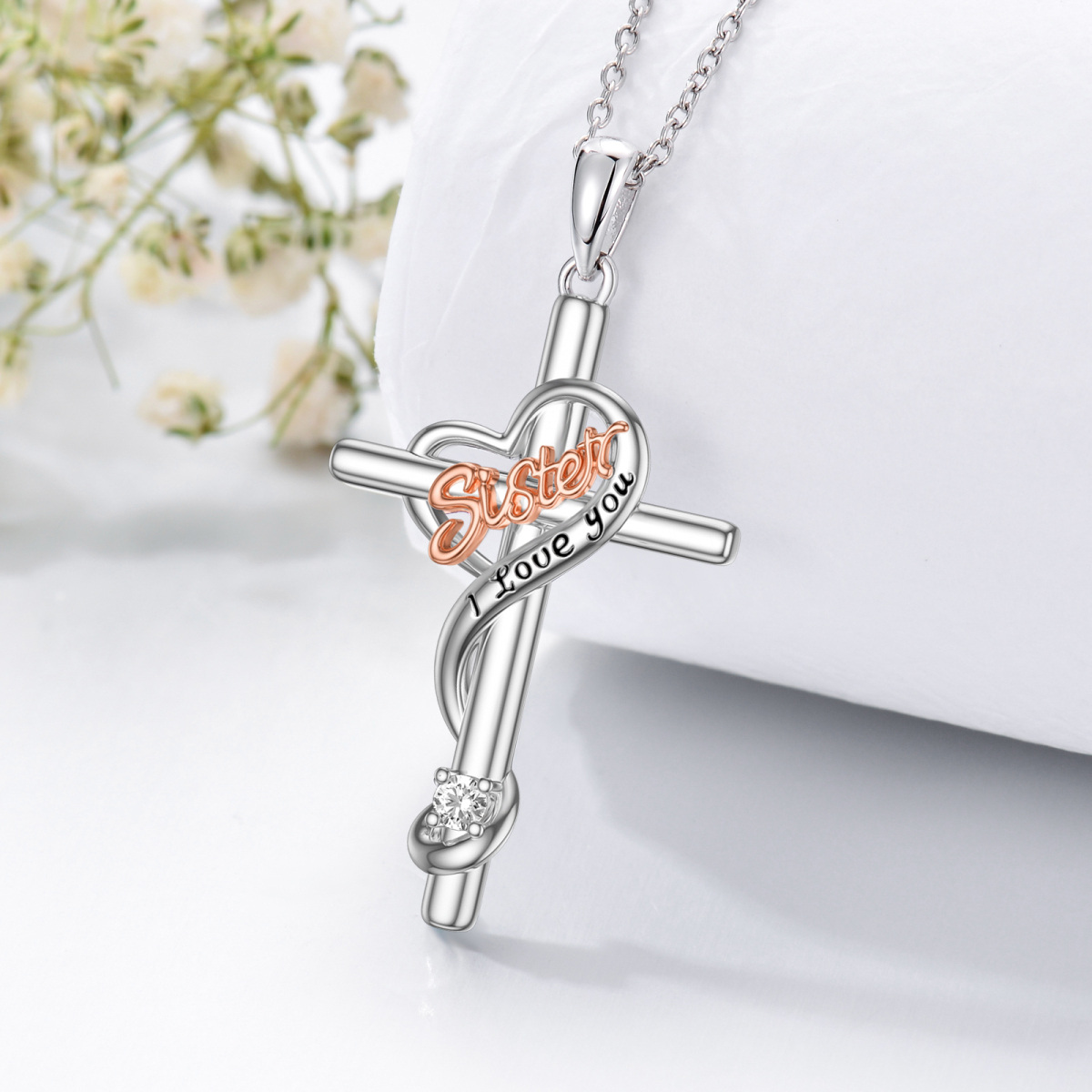 Halskette mit Kreuzanhänger „I LOVE YOU“ aus Sterlingsilber als Geburtstagsgeschenk für die Schwester-4