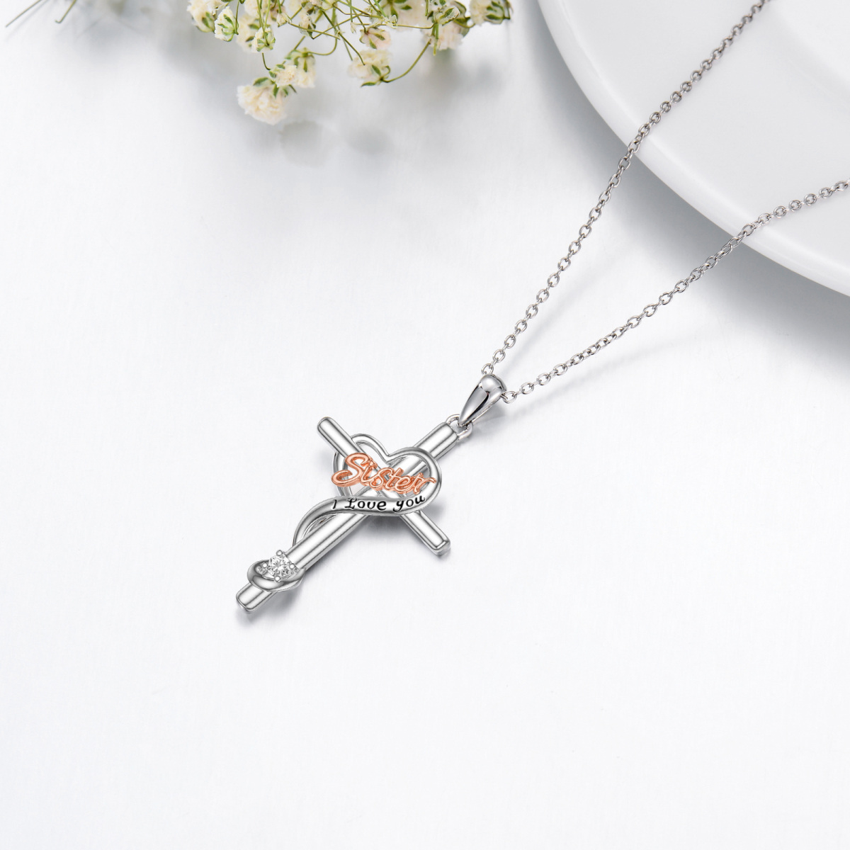 Halskette mit Kreuzanhänger „I LOVE YOU“ aus Sterlingsilber als Geburtstagsgeschenk für die Schwester-5