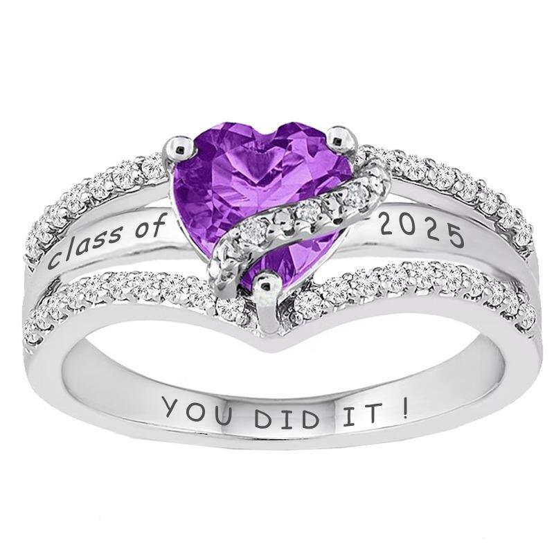 10K White Gold Heart Cut Personalized Birthstone & Engravable Class Ring-17