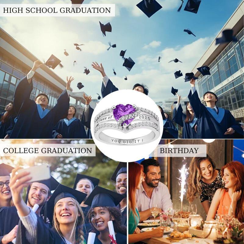 14K White Gold Heart Cut Personalized Birthstone & Engravable Class Ring-5