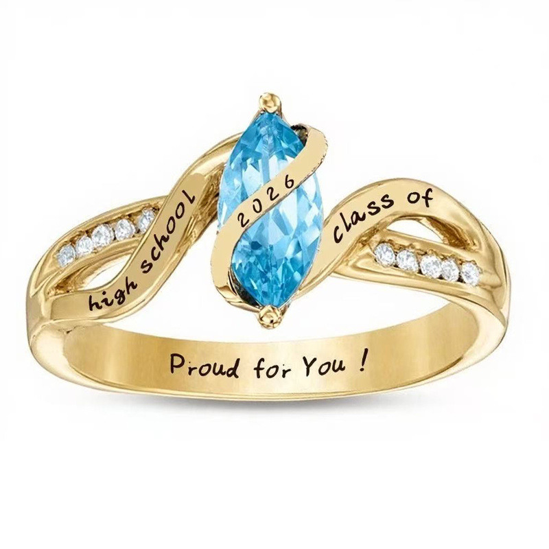 10K Gold Marquise Cut Personalized Birthstone & Engravable Class Ring-18