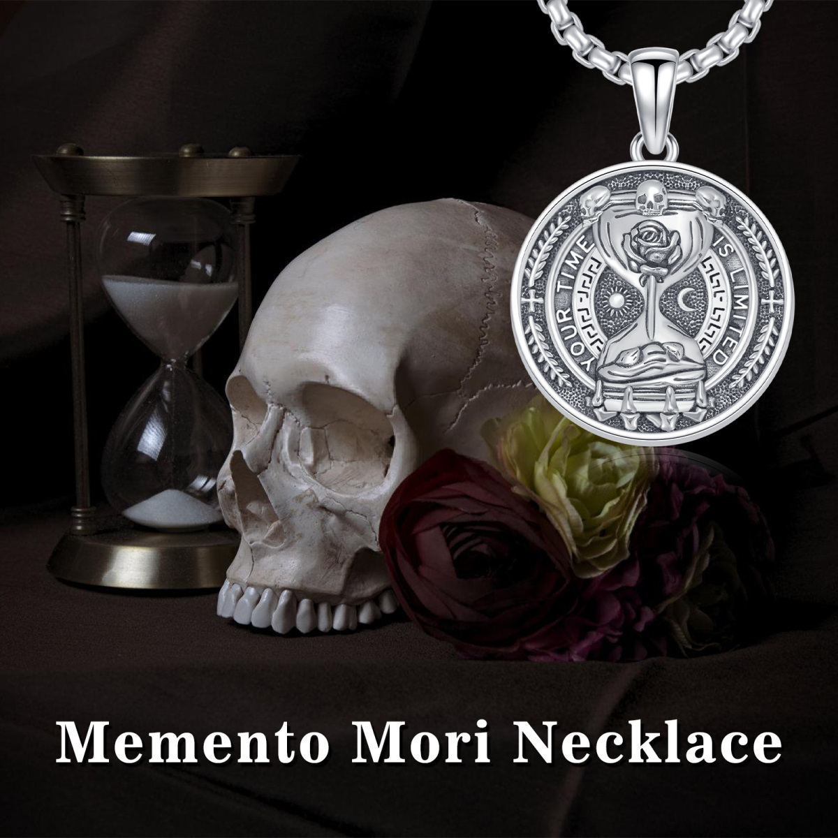 Colar memento mori s925 estóico ampulheta moeda colar crânio jóias estoicismo presentes-3