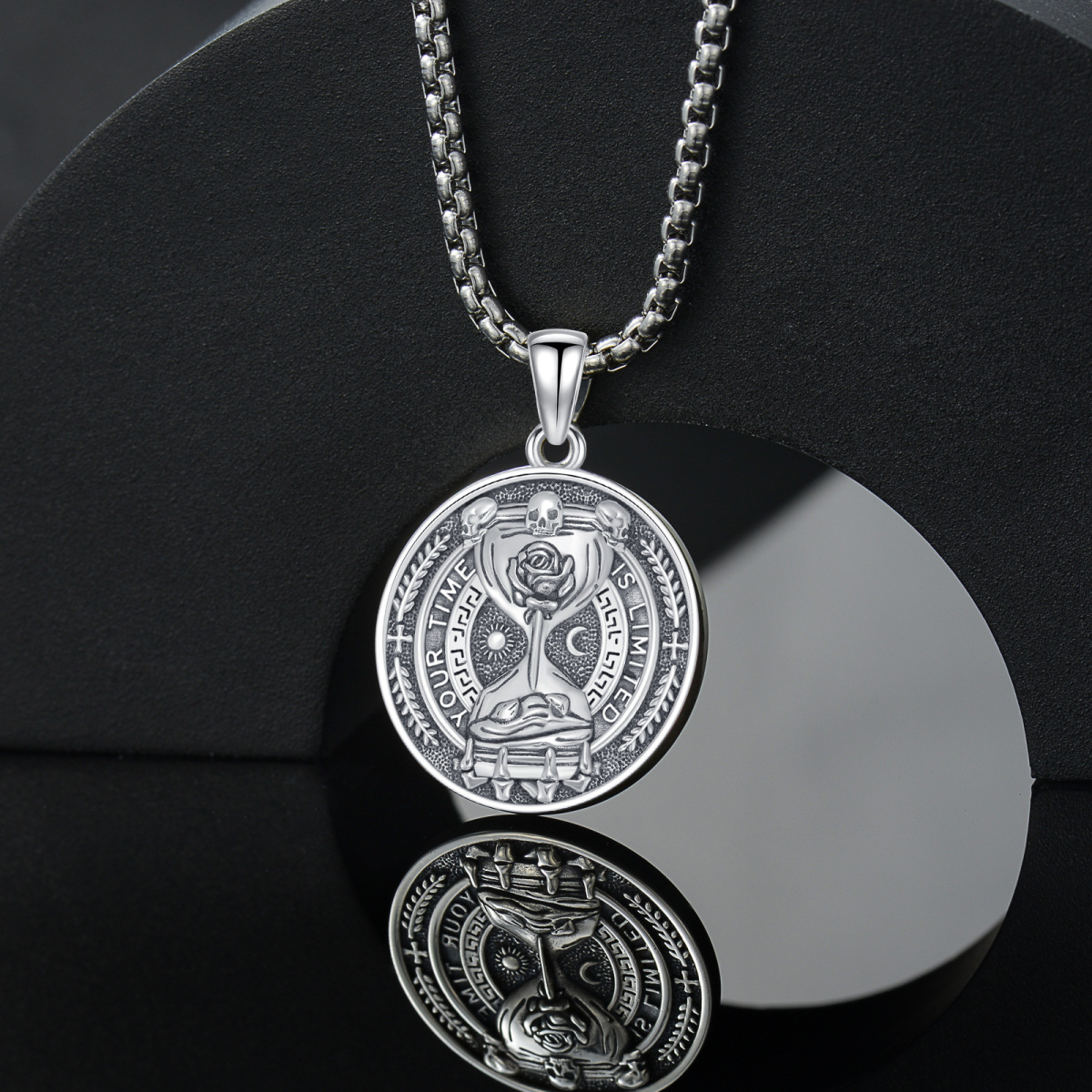 Colar memento mori s925 estóico ampulheta moeda colar crânio jóias estoicismo presentes-4