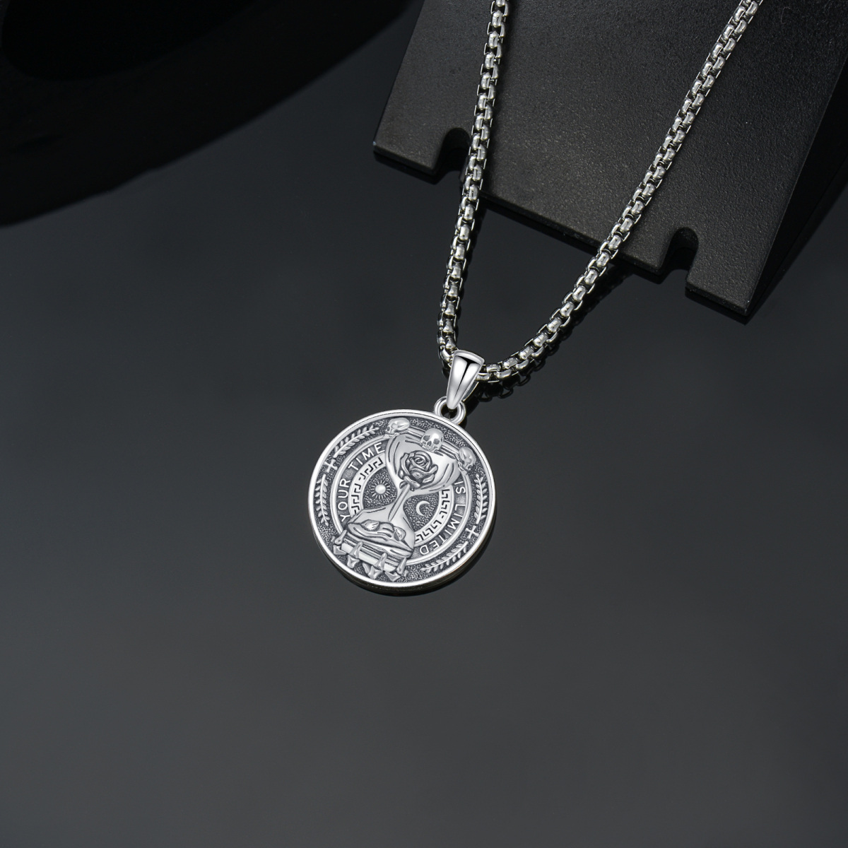 Colar memento mori s925 estóico ampulheta moeda colar crânio jóias estoicismo presentes-5