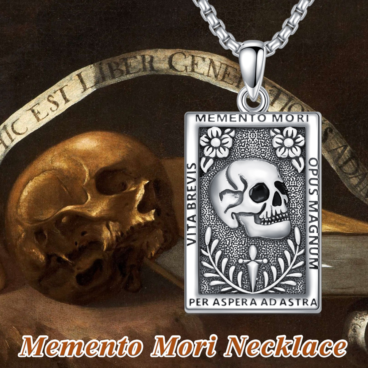 Colar Memento Mori em prata esterlina 925, colar com caveira, joias estóicas, presentes de estoicismo-3