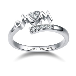 Sterling Silver Round Cubic Zirconia Mother Ring with Engraved Word-45