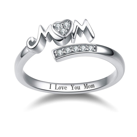 Sterling Silver Round Cubic Zirconia Mother Ring with Engraved Word