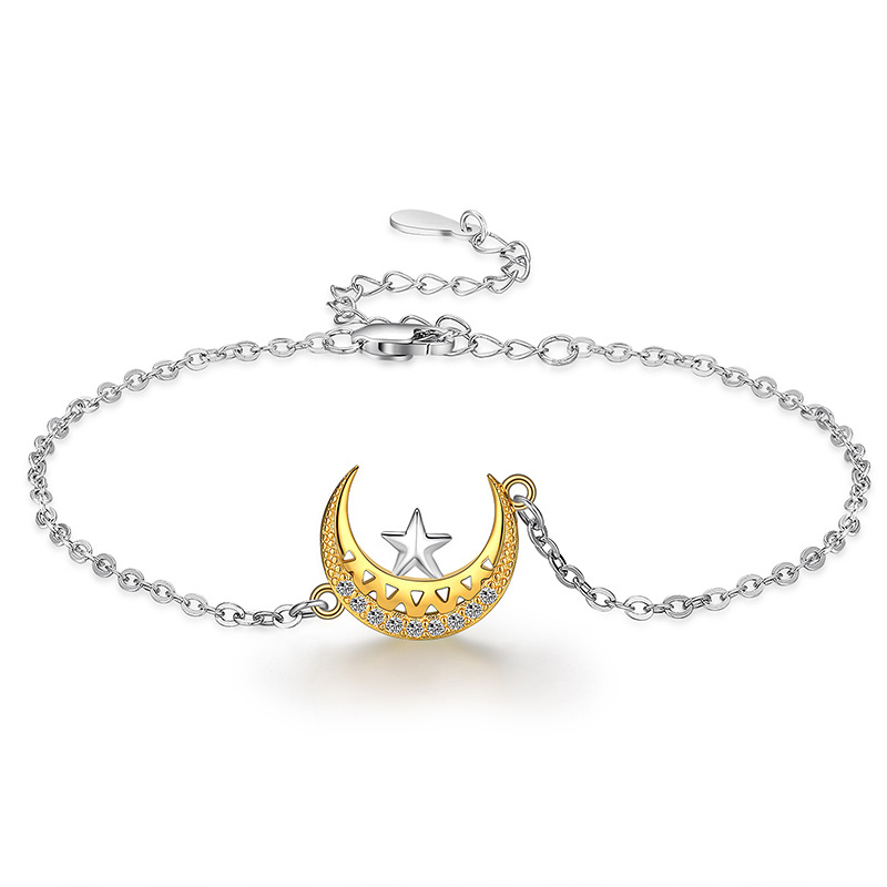 Sterling Silver Two-tone Cubic Zirconia Moon & Star Charm Bracelet-1