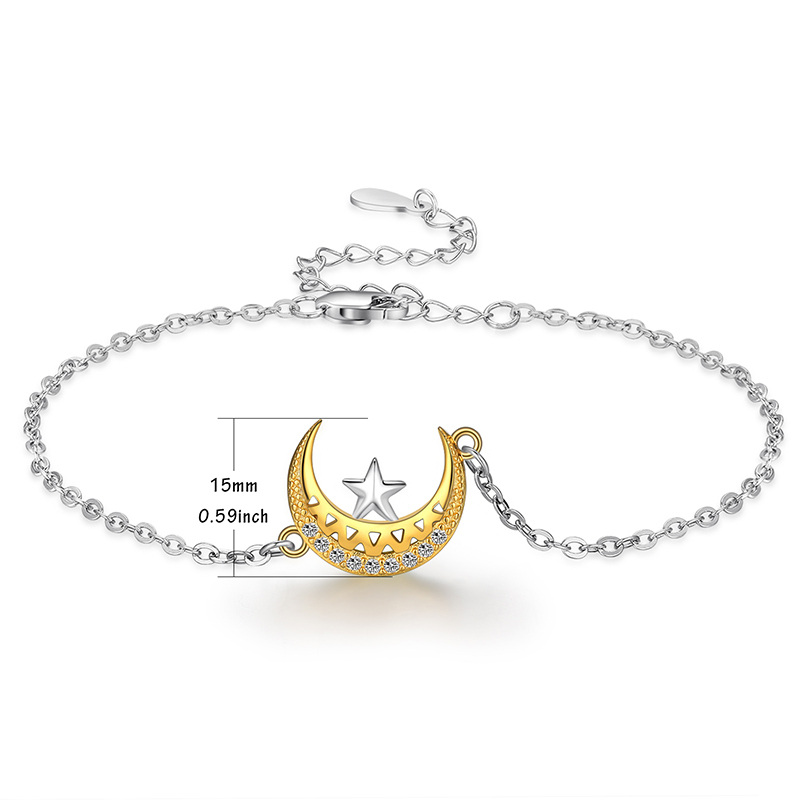 Sterling Silver Two-tone Cubic Zirconia Moon & Star Charm Bracelet-4