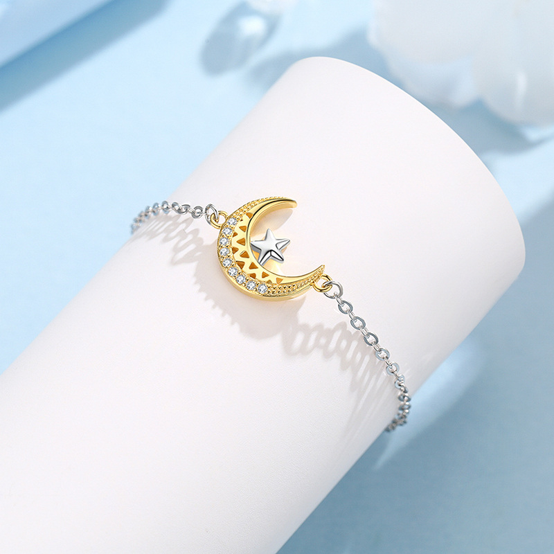 Sterling Silver Two-tone Cubic Zirconia Moon & Star Charm Bracelet-3