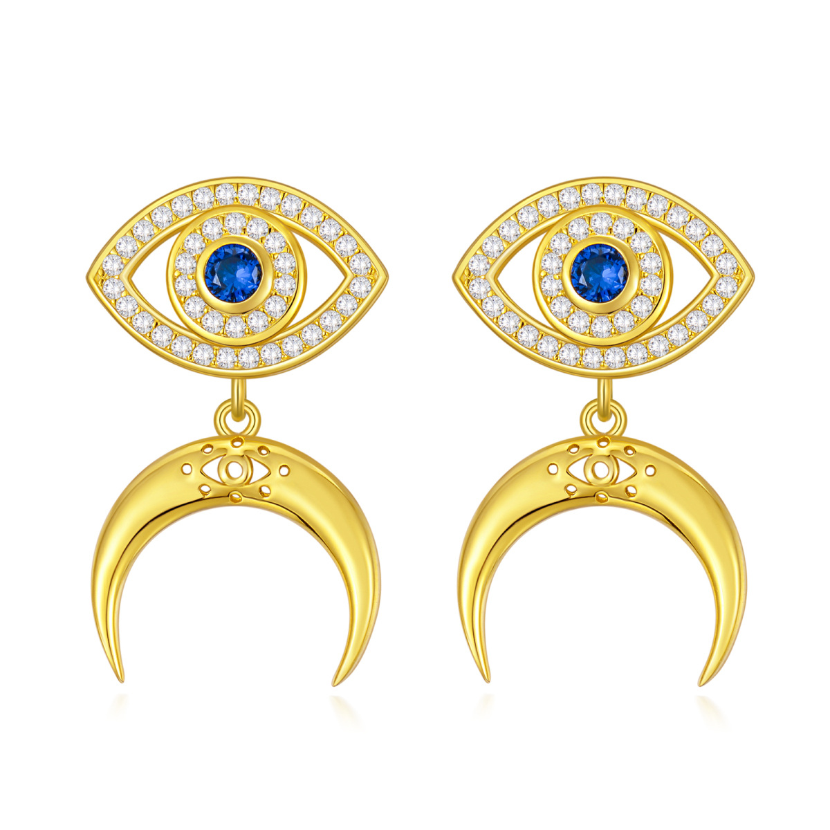 Gold Vermeil Circular Blue Cubic Zirconia Evil Eye & Moon Drop Earrings for Women-1