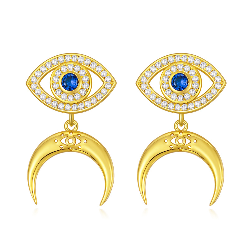 Gold Vermeil Circular Blue Cubic Zirconia Evil Eye & Moon Drop Earrings for Women-2