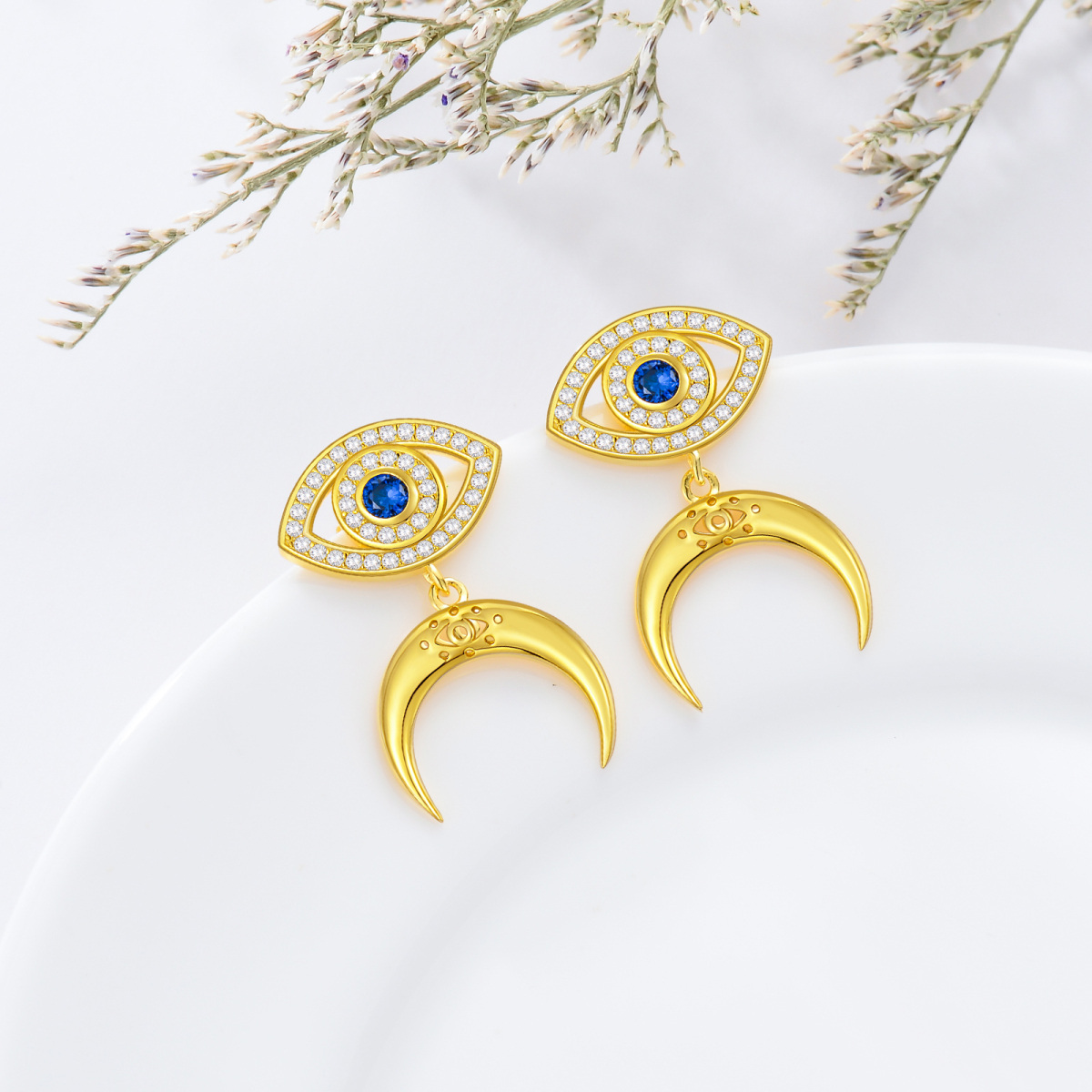 Gold Vermeil Circular Blue Cubic Zirconia Evil Eye & Moon Drop Earrings for Women-3