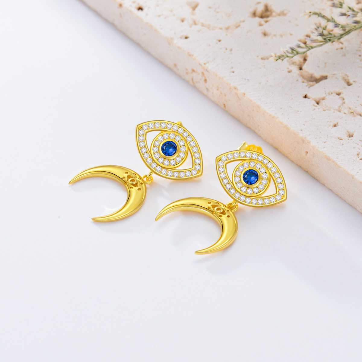 Gold Vermeil Circular Blue Cubic Zirconia Evil Eye & Moon Drop Earrings for Women-4