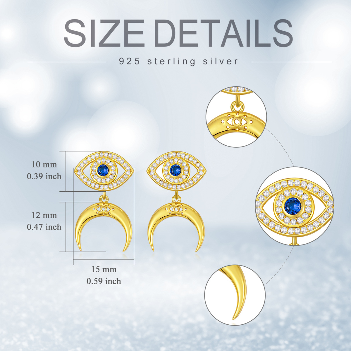 Brincos de gota de lua de zircônia cúbica azul circular de vermeil dourado para mulheres-5