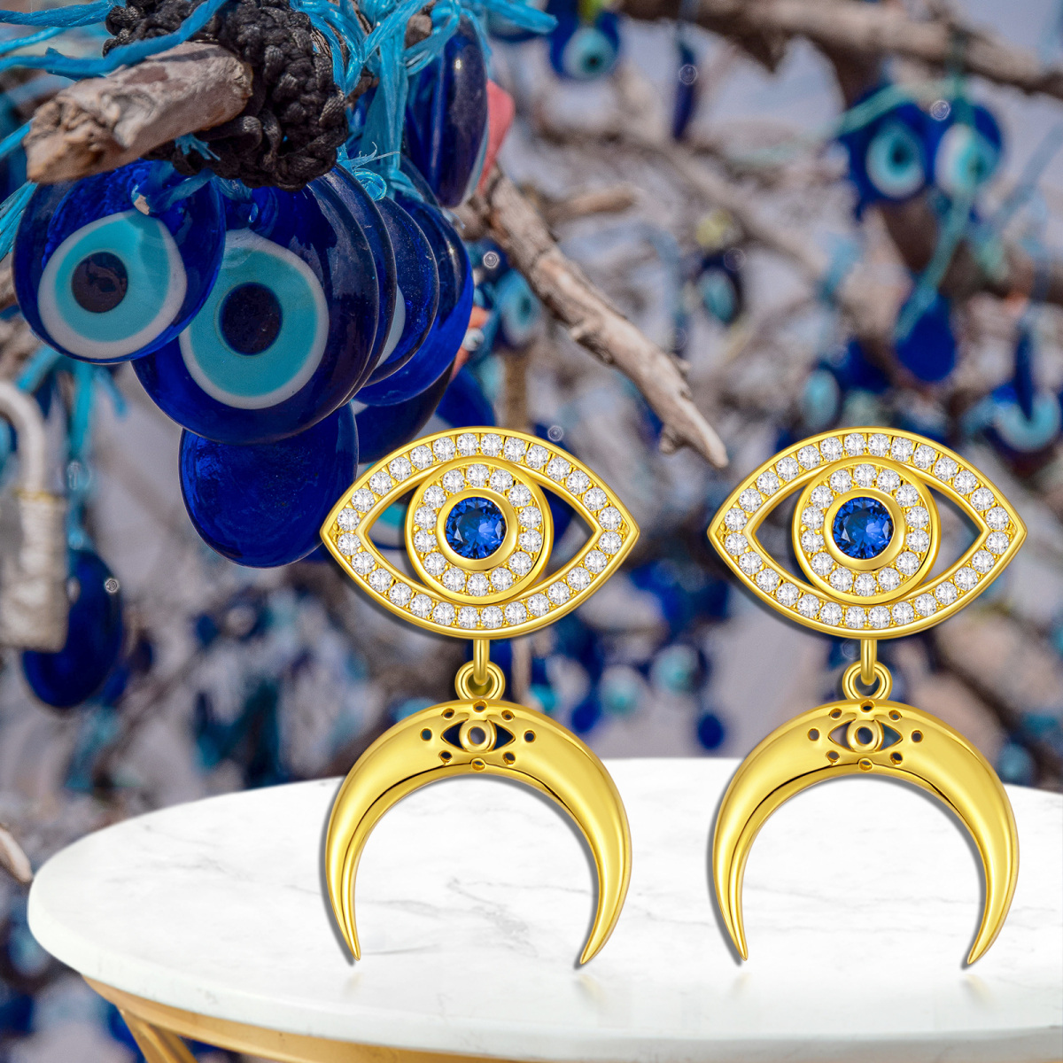 Gold Vermeil Circular Blue Cubic Zirconia Evil Eye & Moon Drop Earrings for Women-6