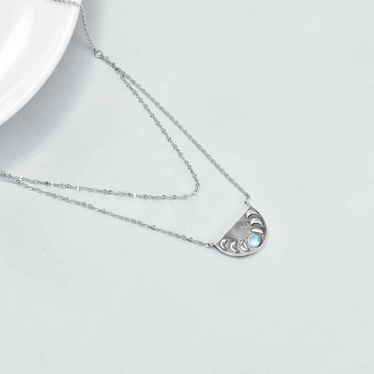 Sterling Silver Moonstone Moon Layered Necklace for Women-4