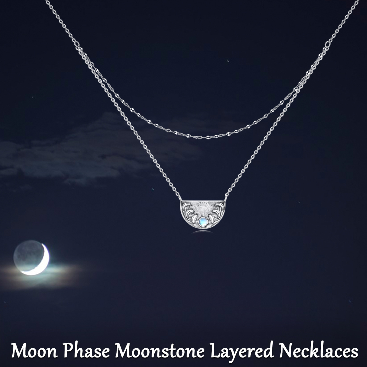 Sterling Silver Moonstone Moon Layered Necklace for Women-6