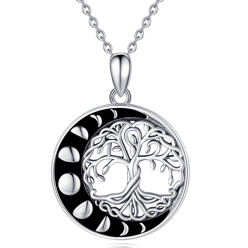 Sterling Silver Tree Of Life & Moon Pendant Necklace-1