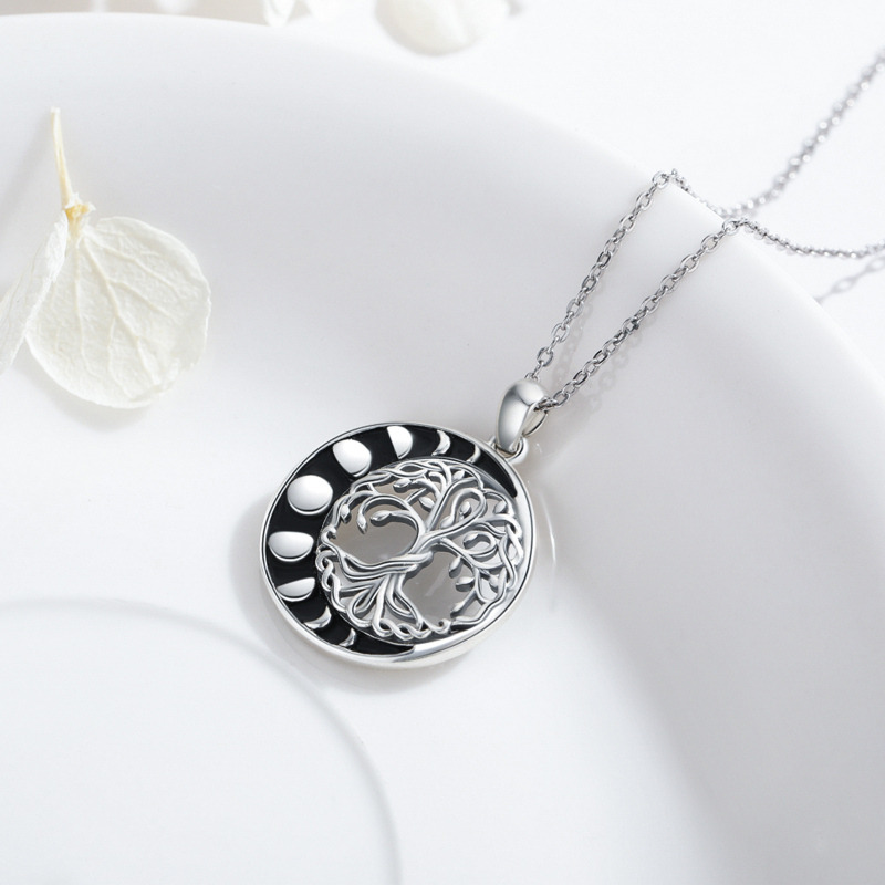 Sterling Silver Tree Of Life & Moon Pendant Necklace-3