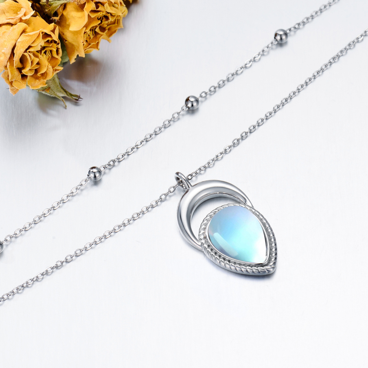 Sterling Silver Moonstone Drop Layered Necklace for Women-4