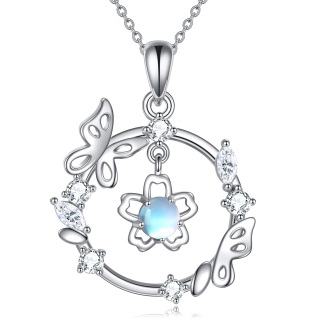 Sterling Silver Circle Moonstone Butterfly & Flowers Necklace for Women-40