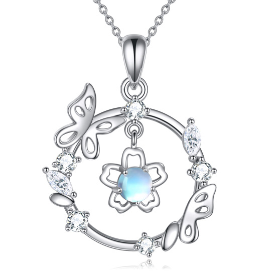 Sterling Silver Circle Moonstone Butterfly & Flowers Necklace for Women