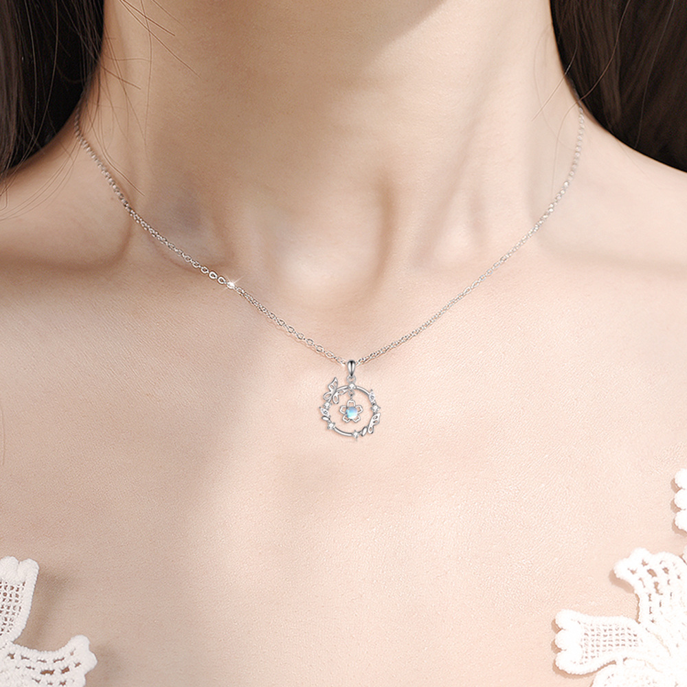 Colar de flores de borboleta de pedra da lua em círculo de prata esterlina para mulheres-2
