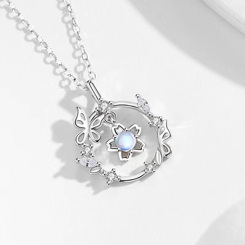 Colar de flores de borboleta de pedra da lua em círculo de prata esterlina para mulheres-3