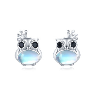 Sterling Silver Round Moonstone Owl Stud Earrings-34