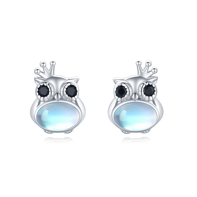 Sterling Silver Round Moonstone Owl Stud Earrings-2