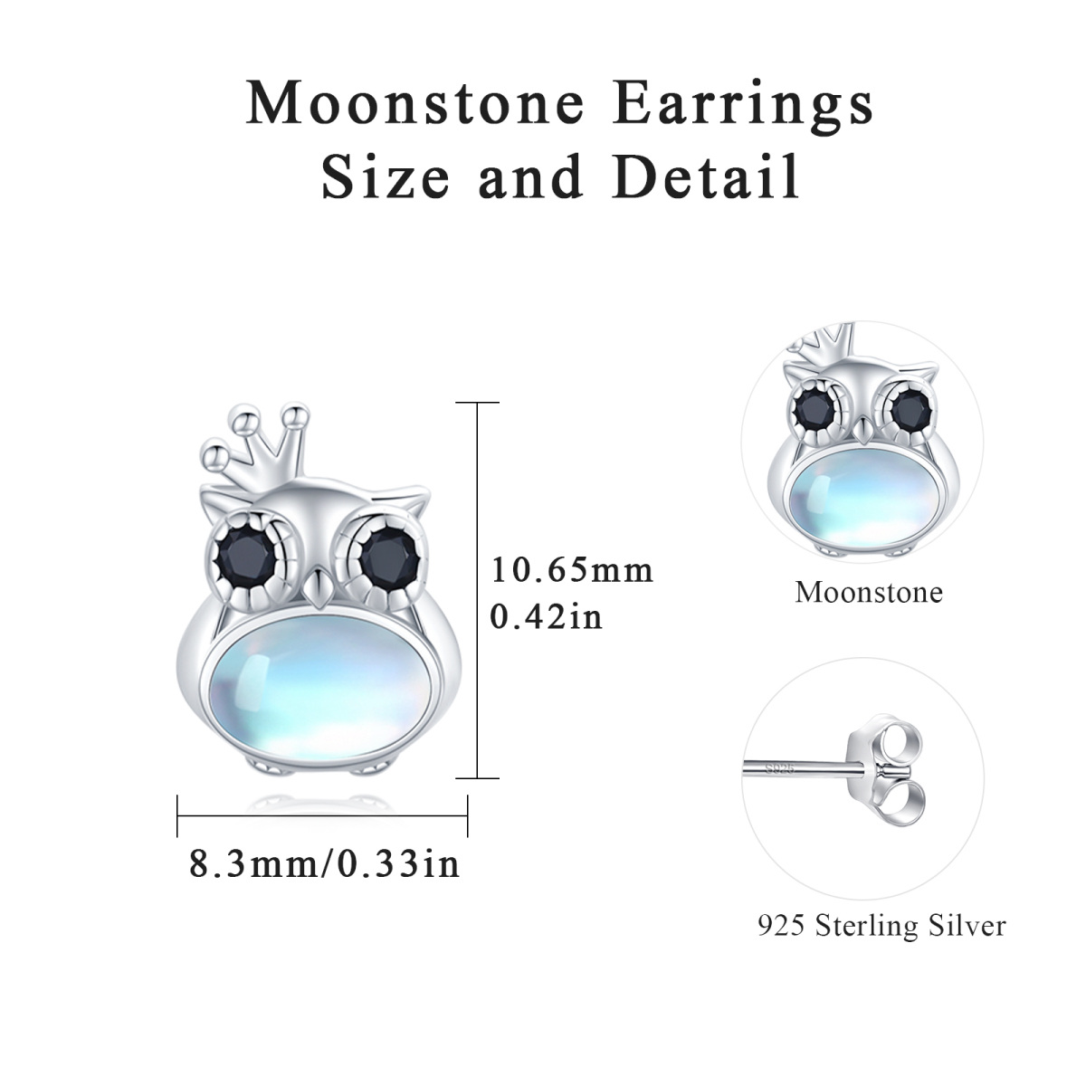 Sterling Silver Round Moonstone Owl Stud Earrings-3