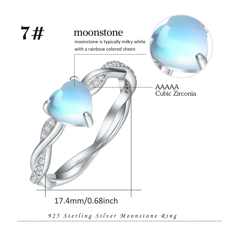 Sterling Silber Herz Gedrehter Band Mondstein Ring für Damen-5