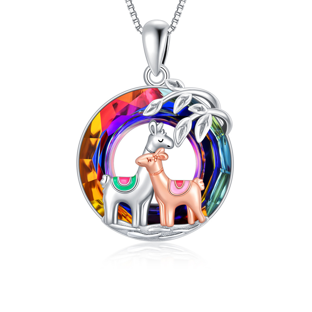 Sterling Silver Two-tone Llama Crystal Pendant Necklace-1