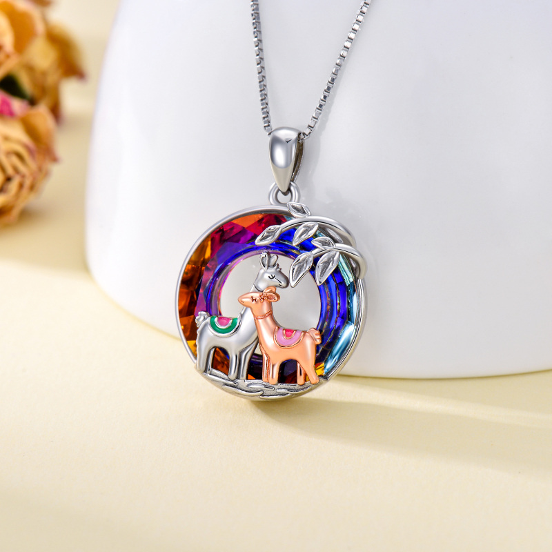 Sterling Silver Two-tone Llama Crystal Pendant Necklace-3