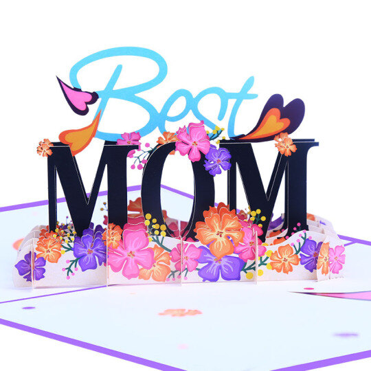 Mother's Day Greeting Card with 3D Best MOM Flower Creative Colour Printing for Mom