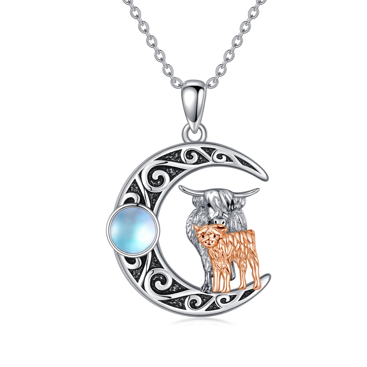 Sterling Silver Two-tone Moonstone Cow Moon Necklace for Women Men-1