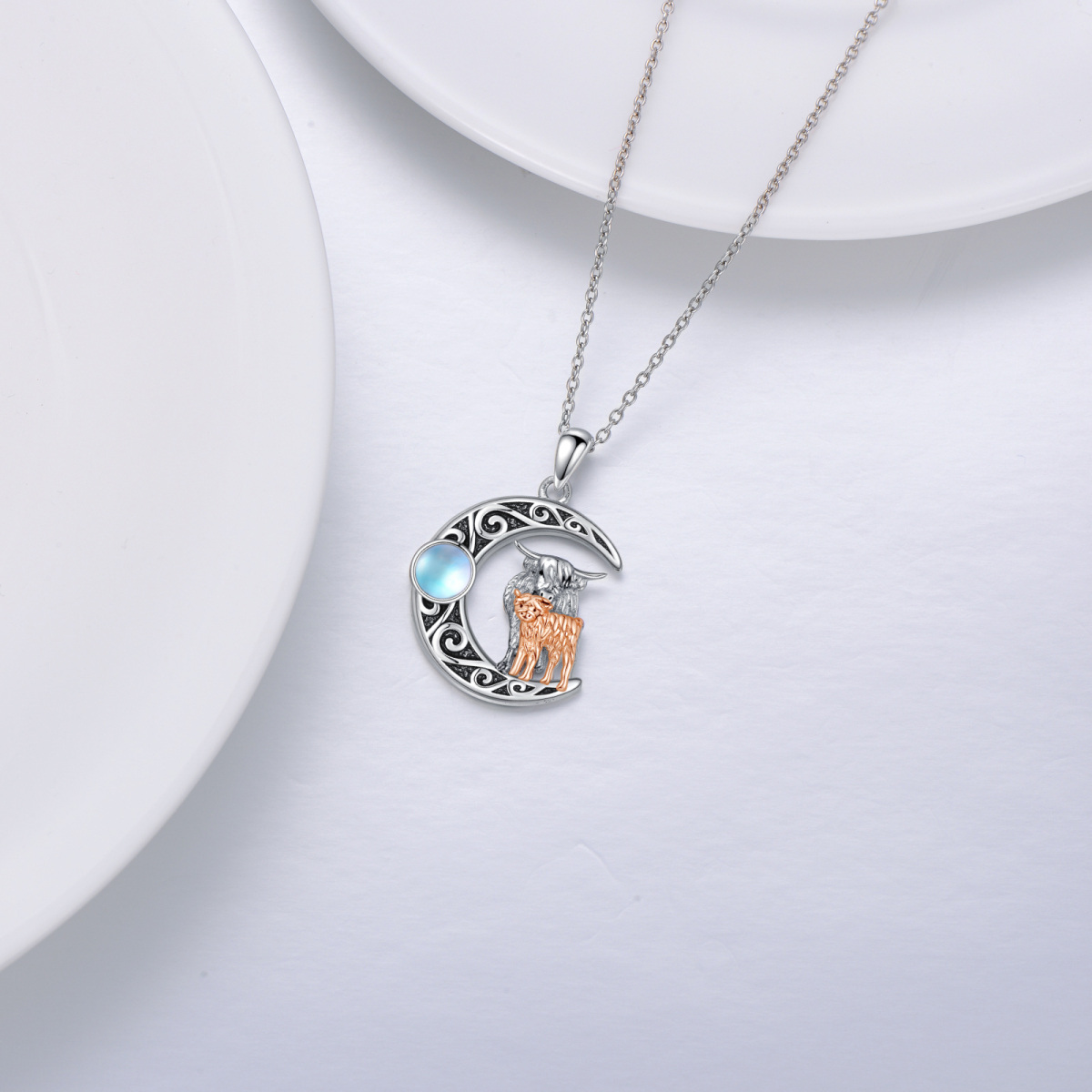 Sterling Silver Two-tone Moonstone Cow Moon Necklace for Women Men-3