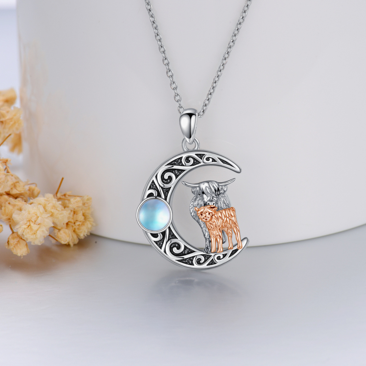 Sterling Silver Two-tone Moonstone Cow Moon Necklace for Women Men-4